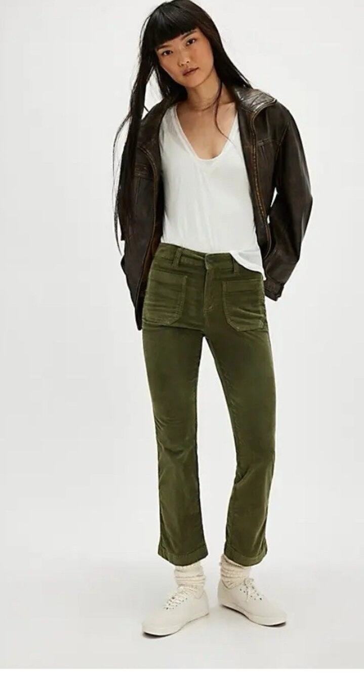 Free People High Time Kick Flare Chive Army Green Corduroy Velvet Pants Size 4